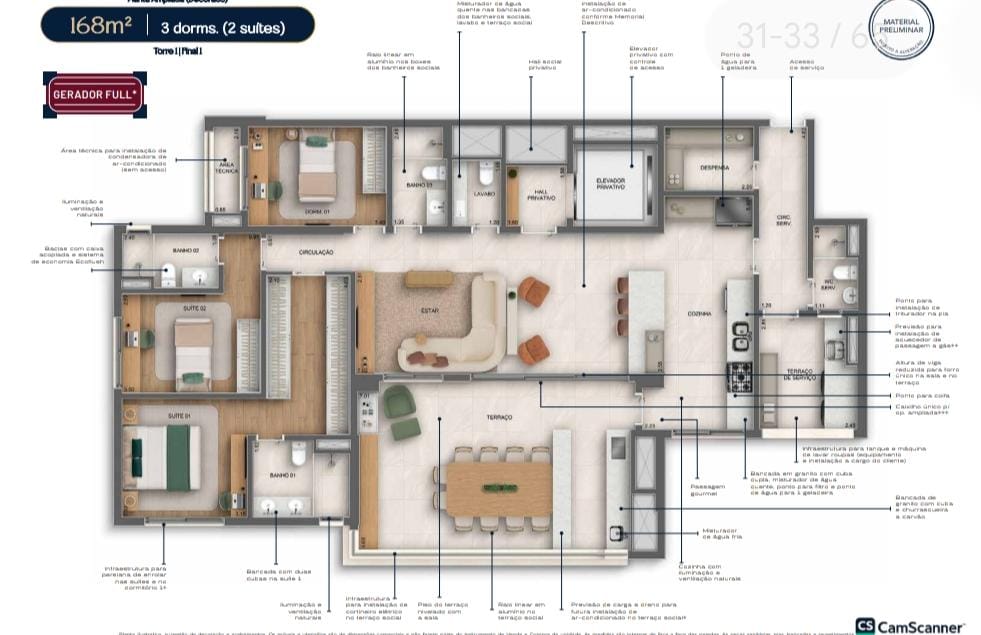 Planta 168m² 3 dormitórios