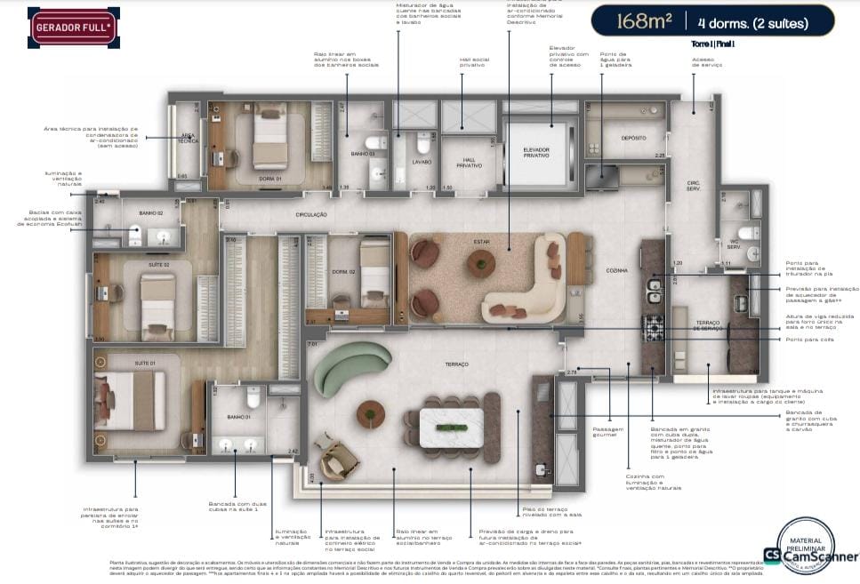 Planta 168m² 4 dormitórios